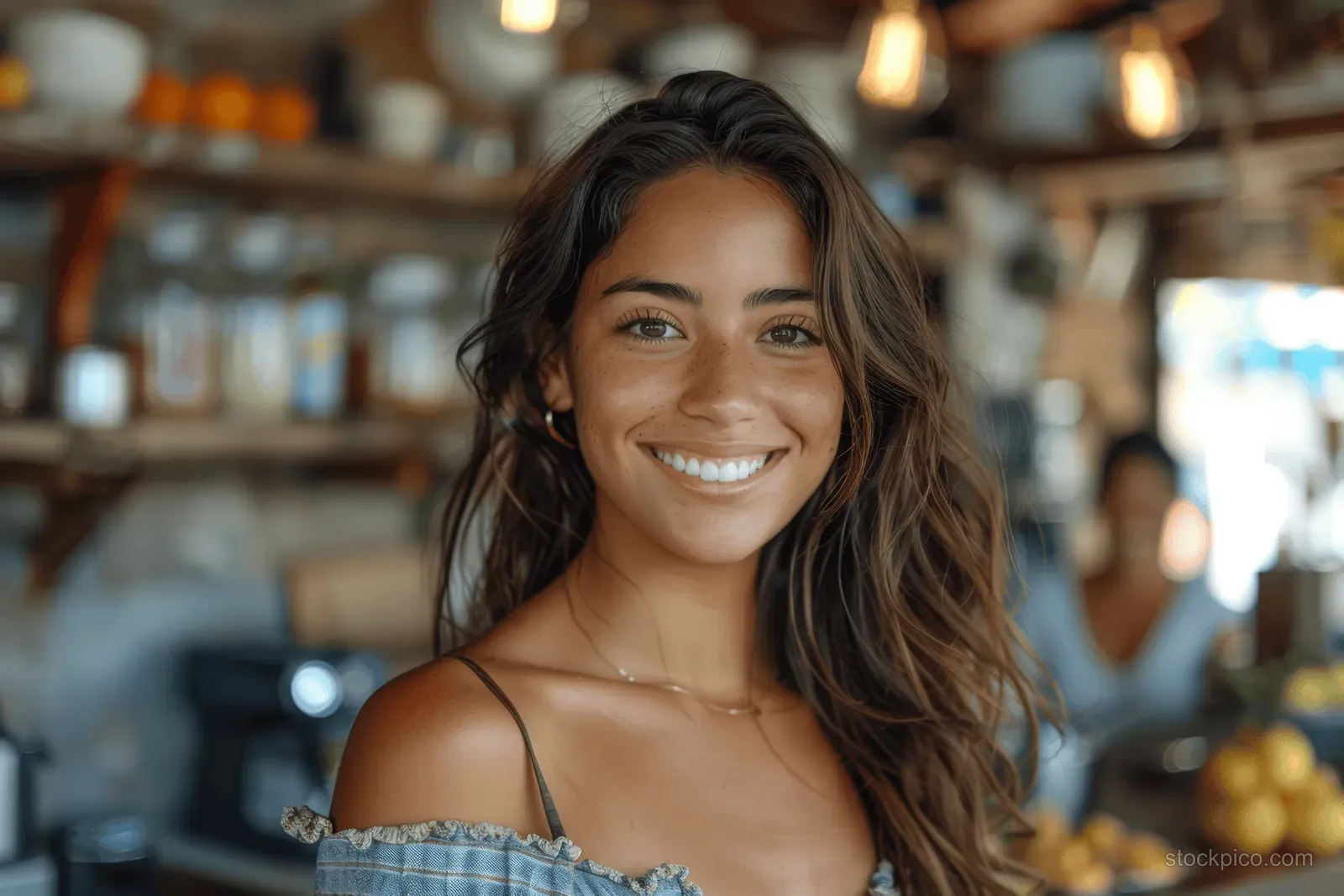A smiling young woman with long wavy brown hair sits in a rustic cafe under warm pendant lights.