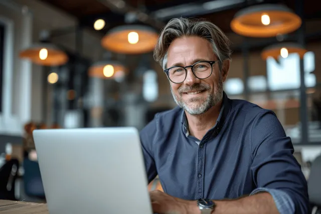 Smiling middle aged man with glasses works on laptop in office