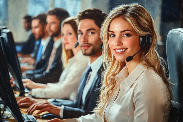 A professional customer support team in a bright office assists clients via phone and digital communication while wearing headsets.