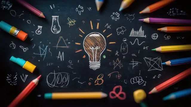 Colorful pencils surround a chalkboard with a glowing light bulb and math and science chalk doodles.