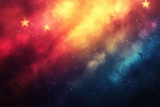 Watercolor nebula swirls with scattered stars in red, gold, and blue tones against a black background.