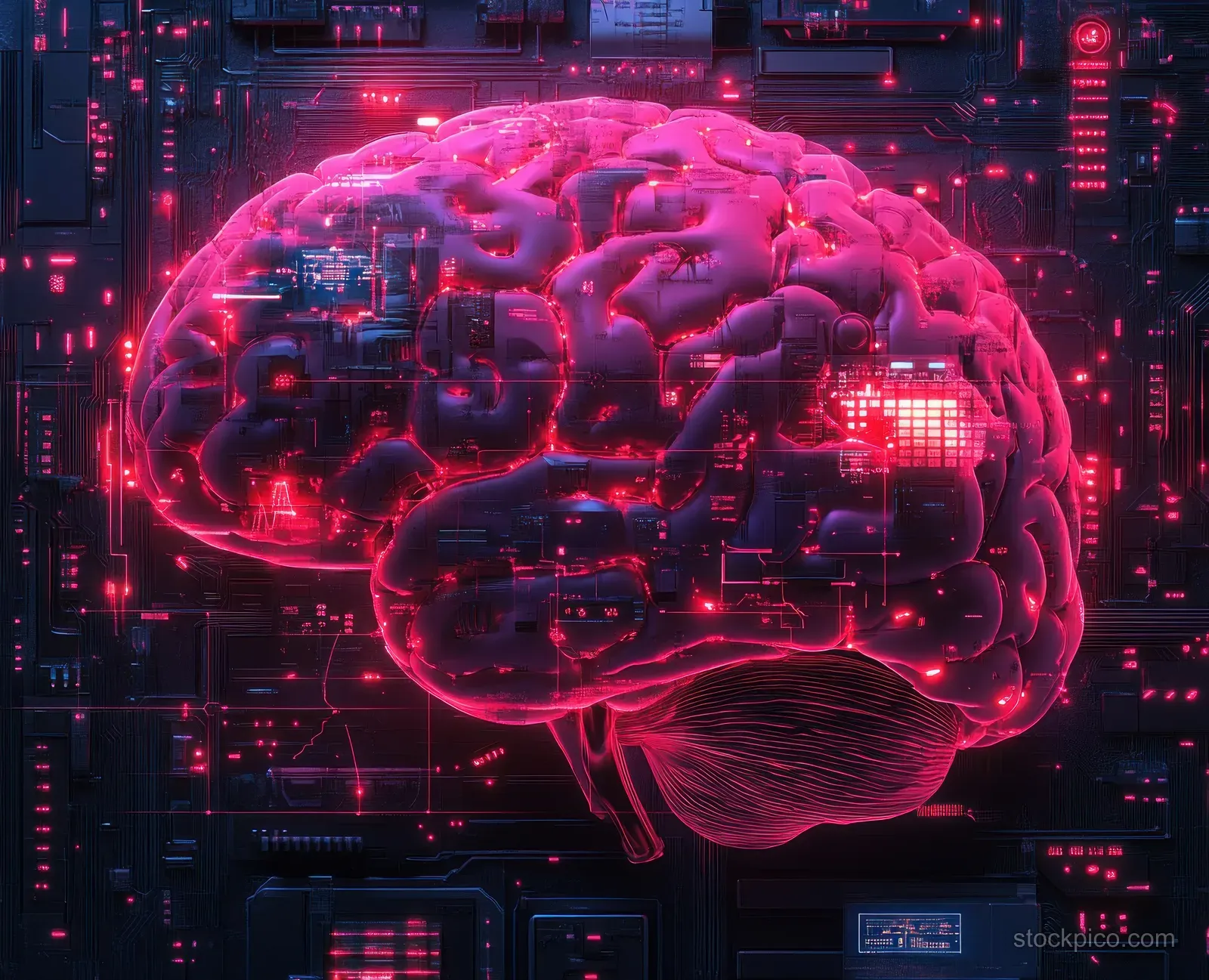 A neon cyberpunk 3D brain hologram glows with lightning amid surrounding digital circuit elements.