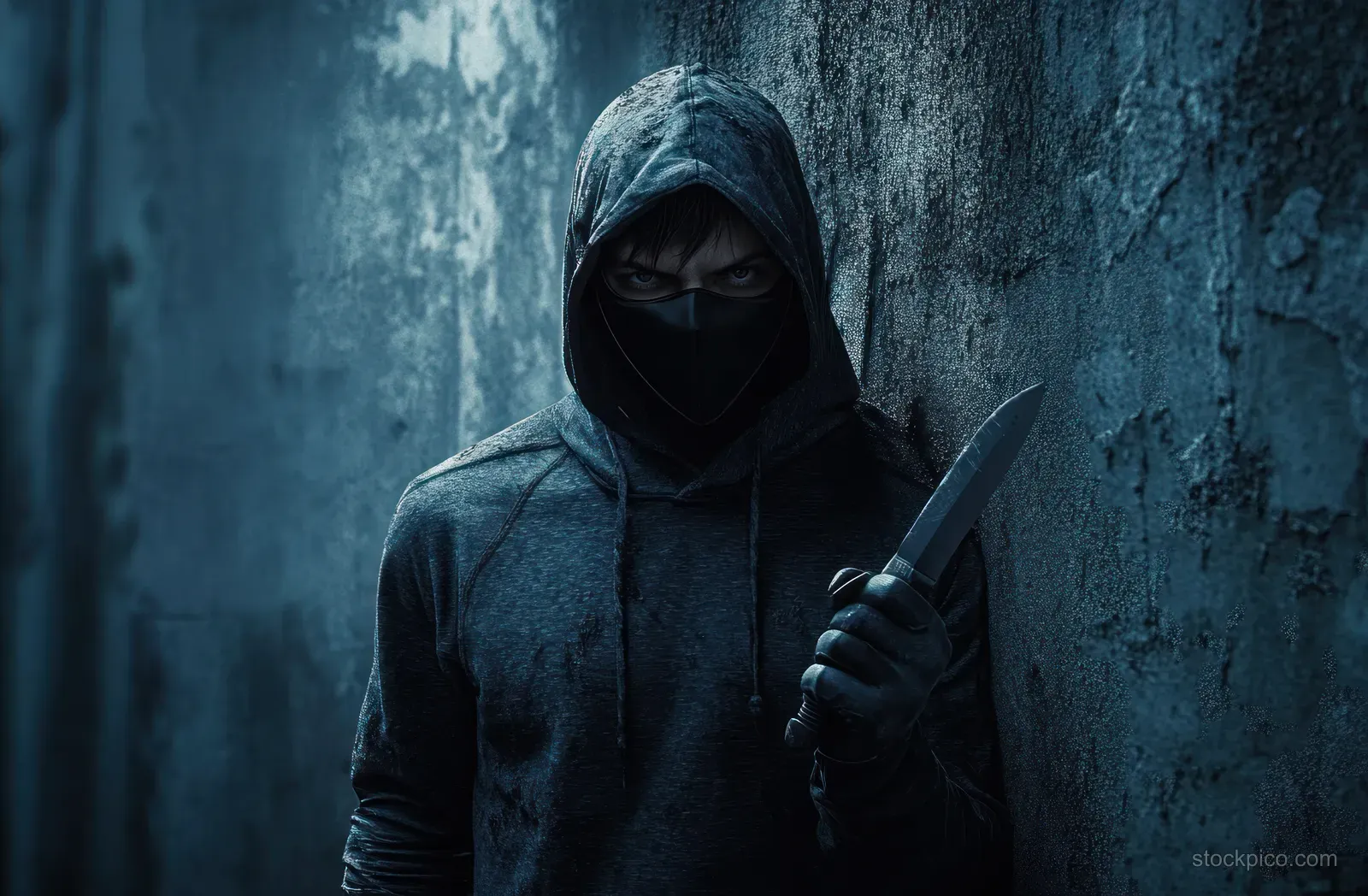 A masked person in a dark hoodie grips a knife while standing in front of a rough wall under dim blue lighting.