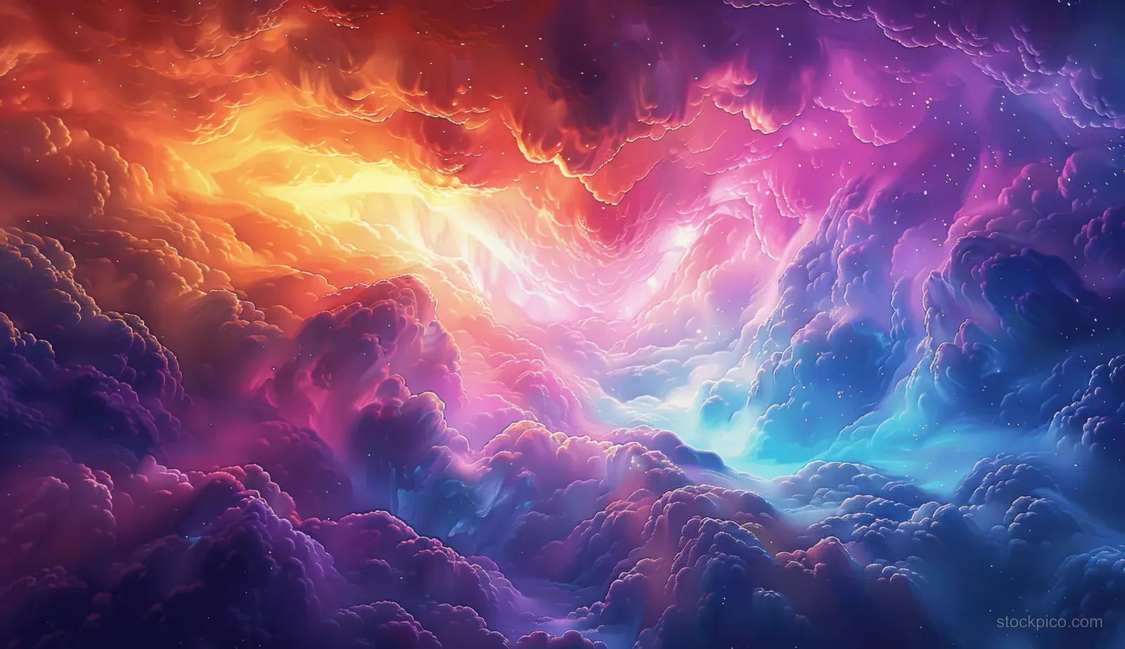 Swirling purple and blue clouds surround a glowing portal opening in a fantasy heaven sky.