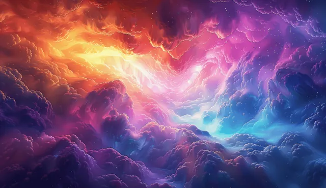 Swirling purple and blue clouds surround a glowing portal opening in a fantasy heaven sky.