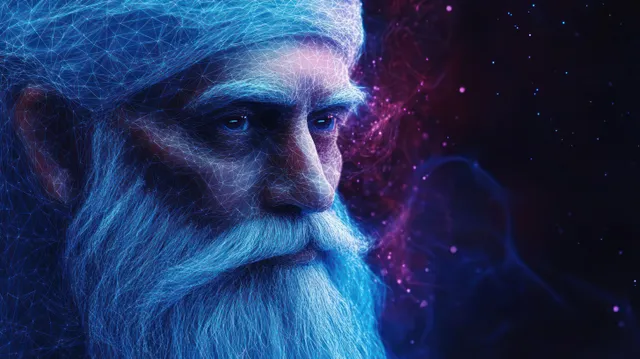 Low-poly portrait of an elderly man with a long beard against a blue-purple cosmic gradient background.