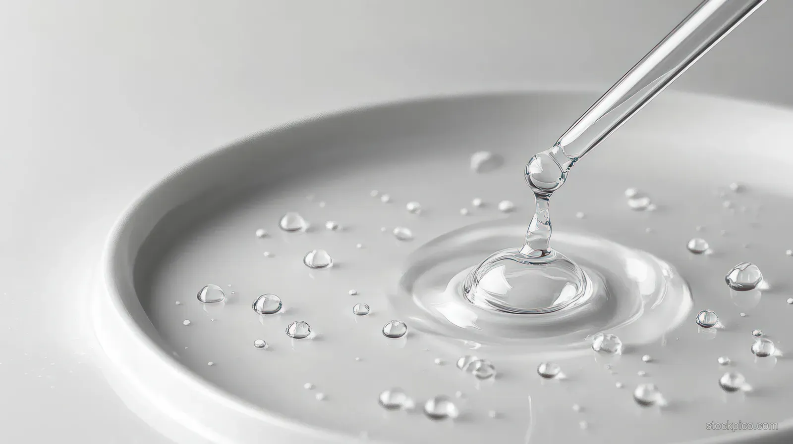 Transparent dropper tip pours a clear droplet into a white dish, surrounded by small water beads.