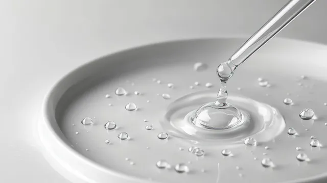 Transparent dropper tip pours a clear droplet into a white dish, surrounded by small water beads.