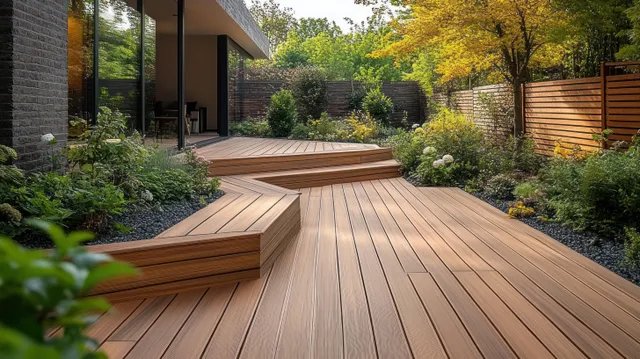 Wooden deck patio with built-in steps surrounded by dense shrubs and trees in a sunlit backyard.