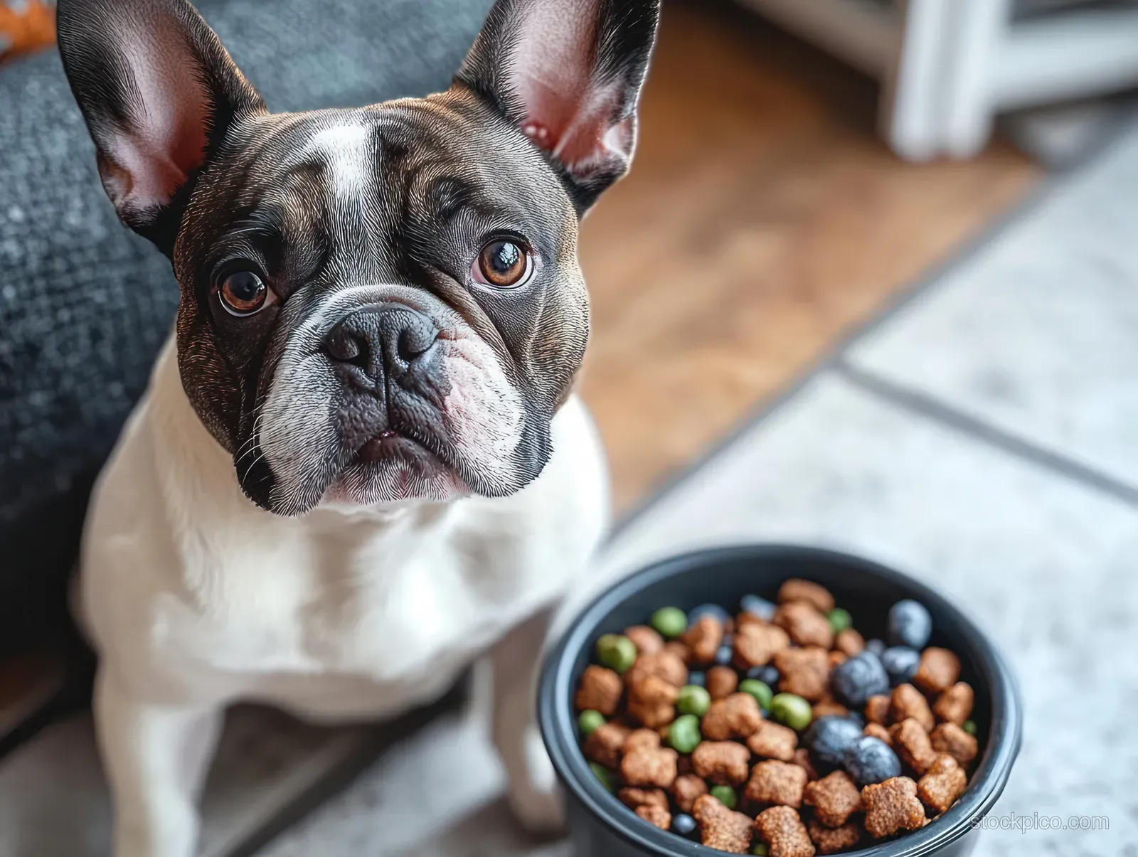 French Bulldog puppy sitting beside a bowl of dry food indoors.