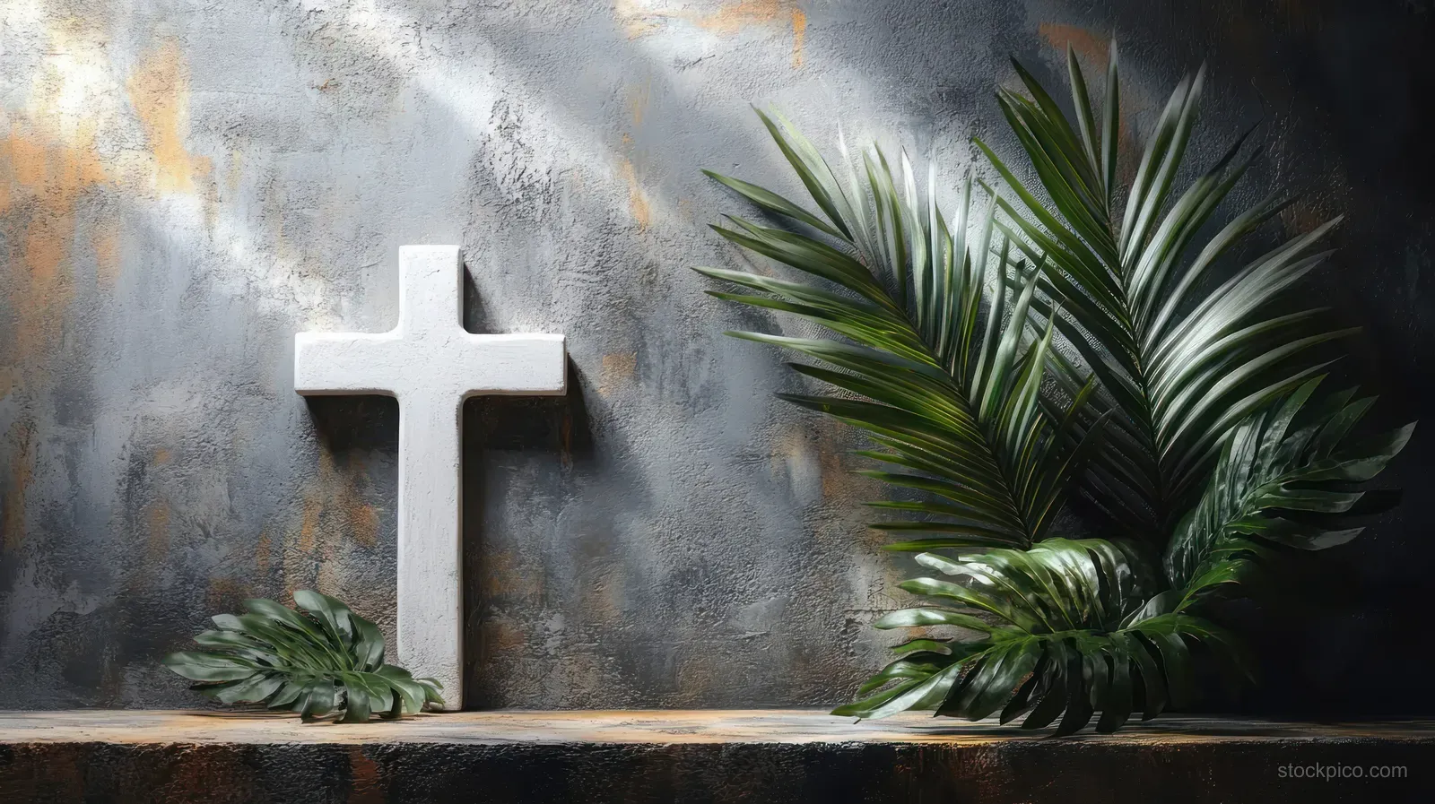 White stone cross on a gray textured wall with green tropical leaves beside it.