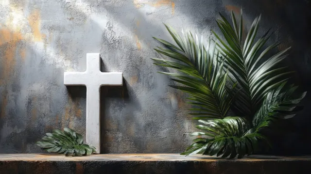 White stone cross on a gray textured wall with green tropical leaves beside it.