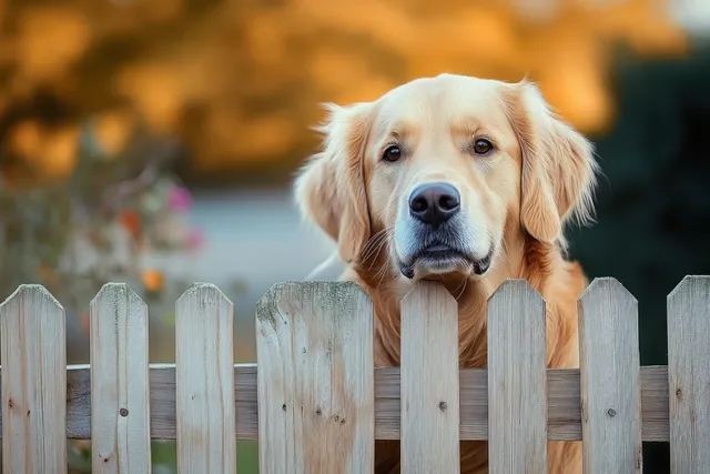 Golden retriever resting its head on a weathered wooden fence, warm sunset light behind
