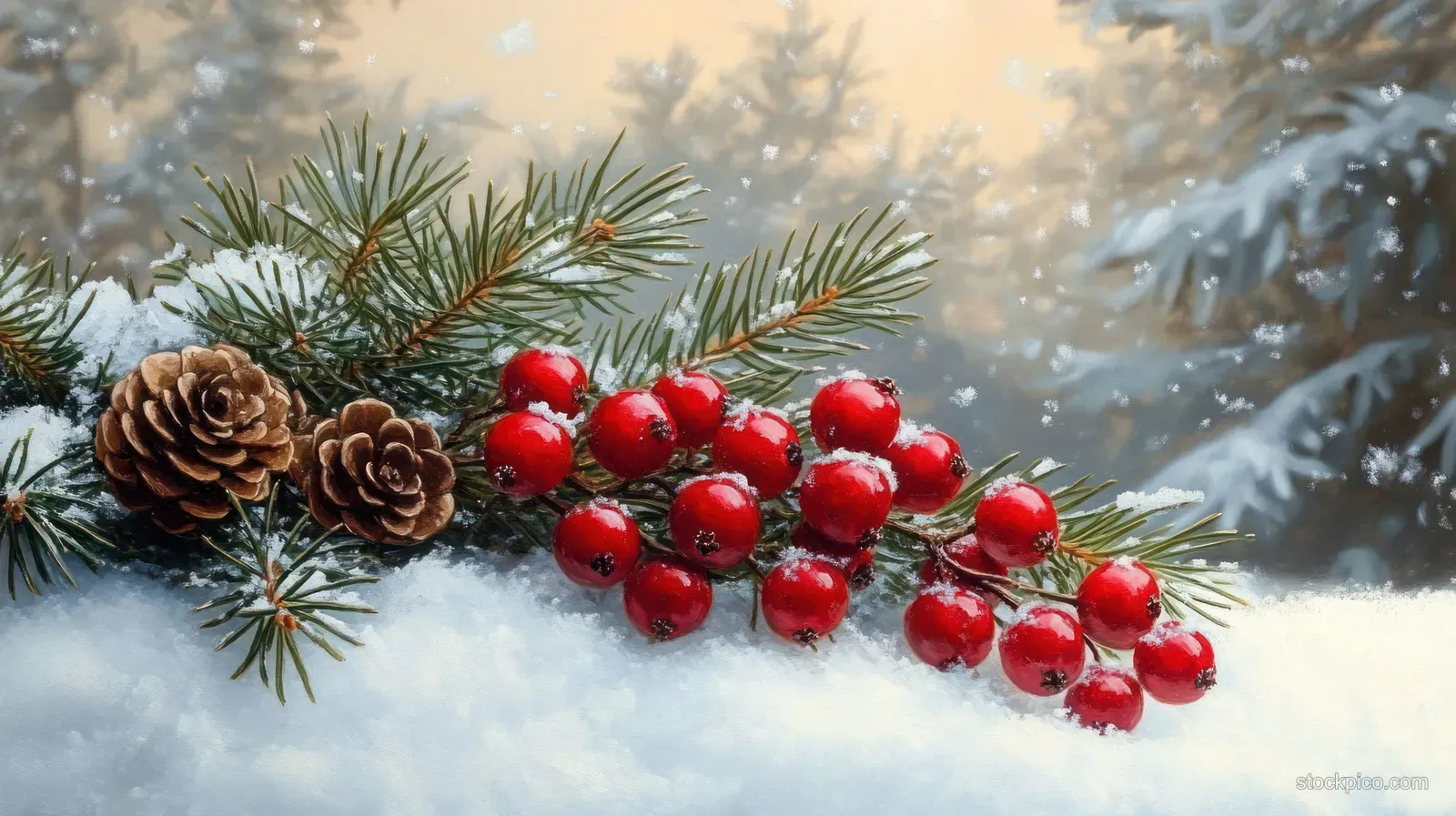 Red Winter Berries and Pine Cones on Snowy Evergreen Branches