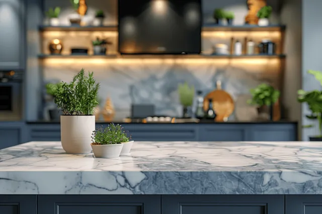 Marble kitchen island with potted herbs and sleek shelves, soft ambient lighting