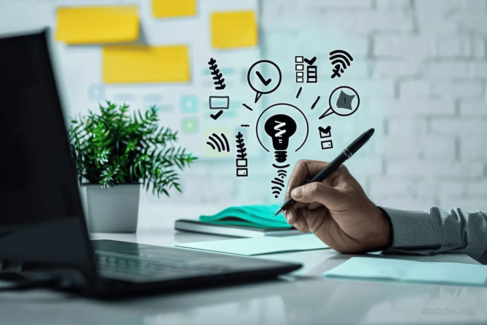 Hand with a pen ticking a checklist checkbox for quality control on a desk beside a laptop.