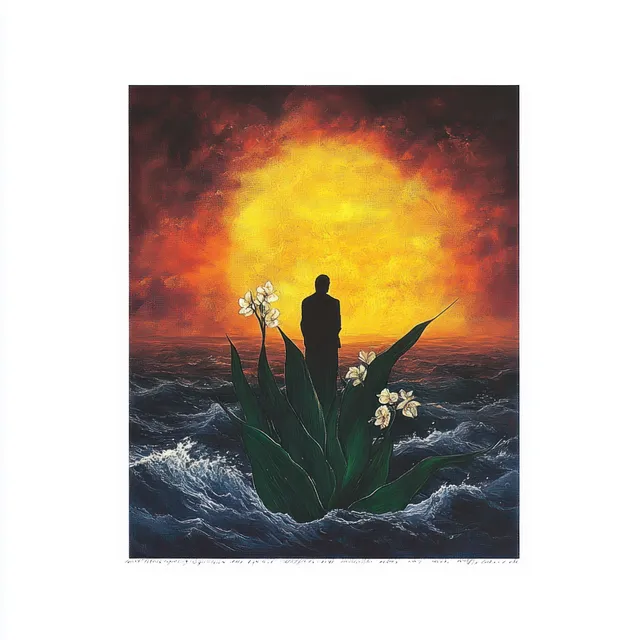Silhouette stands on large green leaves with white flowers over churning ocean waves