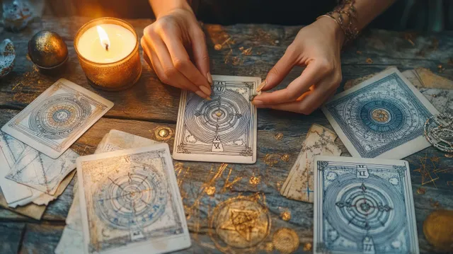 Hands hold a tarot card as other cards, a lit candle, and small objects rest on a rustic table.