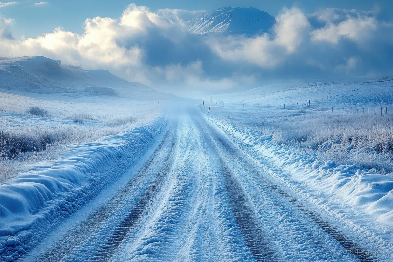A snow-covered road with frosty tire tracks leads into fog across a quiet winter landscape.