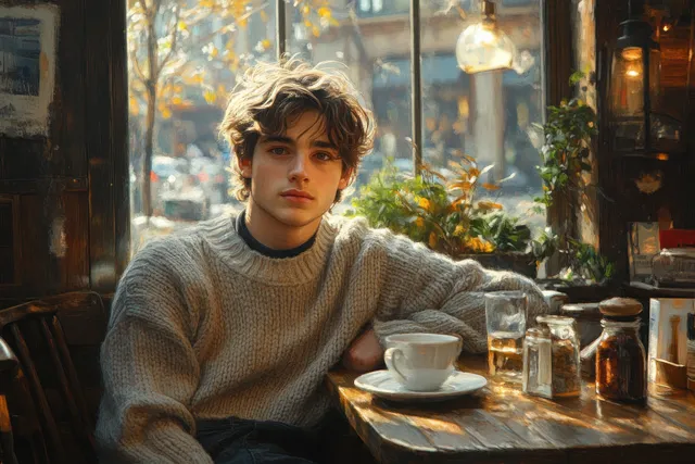 Young man seated in a cozy cafe, warm morning light and textured sweater