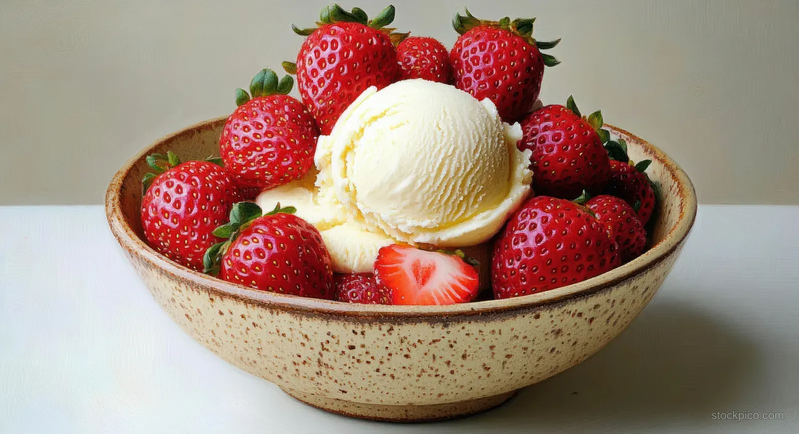 Ripe strawberries surround a scoop of vanilla ice cream in a ceramic bowl on a light neutral surface.