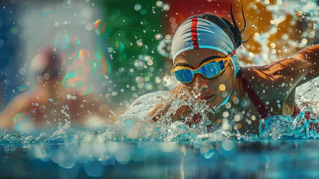 Female swimmer drives through water in a breaststroke race, splash frozen mid-action