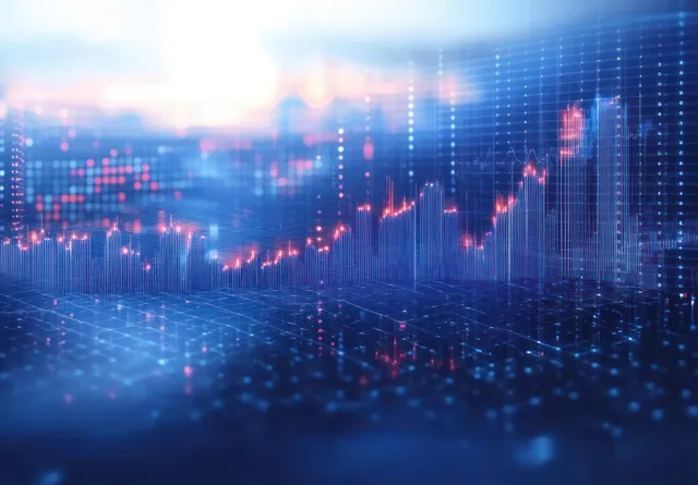 Futuristic stock market chart glow with rising and falling lines on blue digital grid