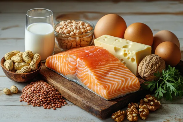 Fresh salmon fillet on rustic wooden board surrounded by eggs, cheese, milk, and legumes