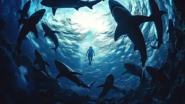 Diver swims through a circle of sharks under ethereal blue light beams
