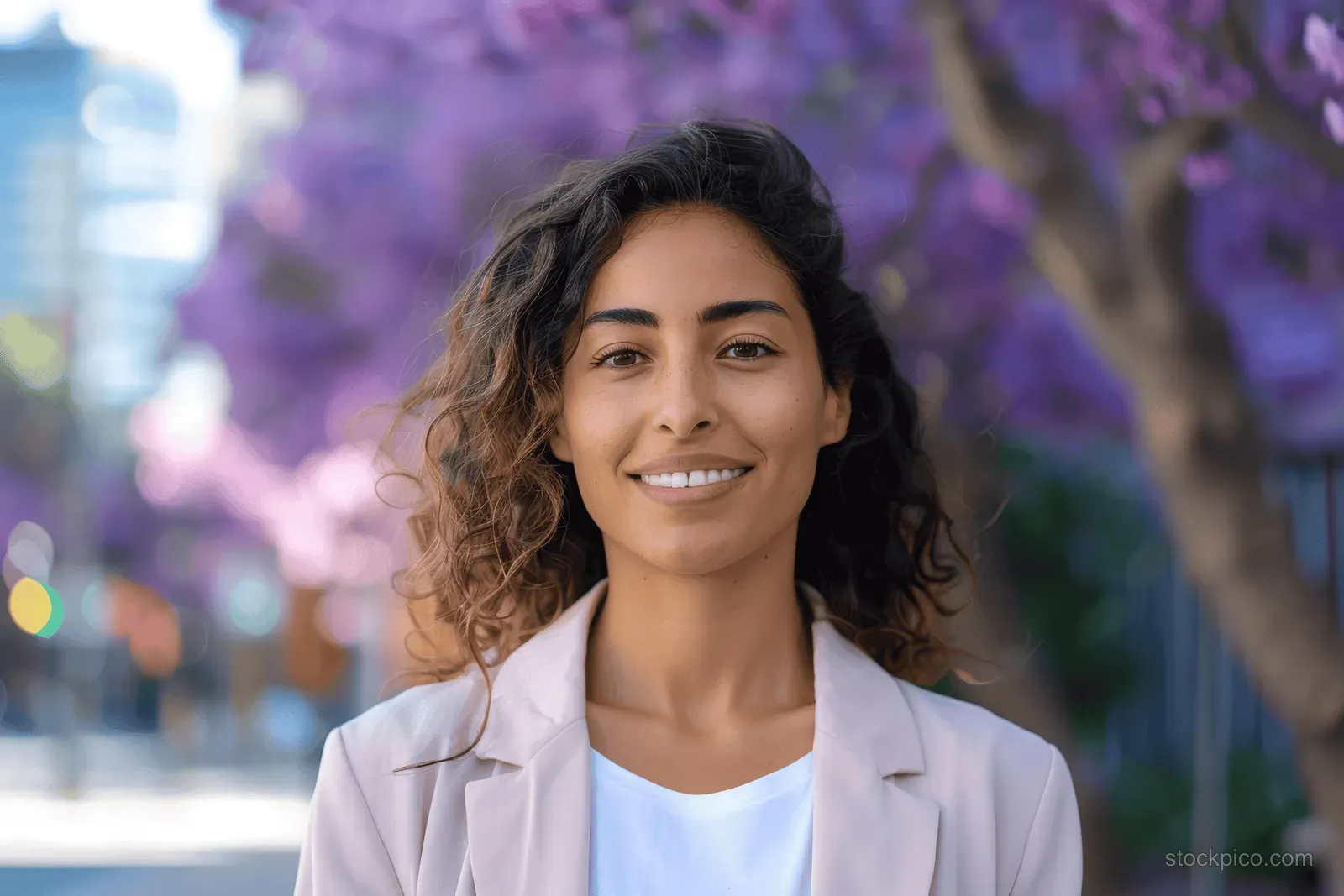 Smiling young businesswoman in a pink blazer and white shirt stands outdoors beside blooming purple trees along a city street.