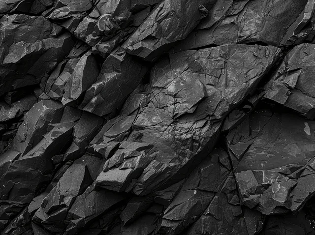 Black and white rocky stone wall texture with jagged fractures and dark contrast
