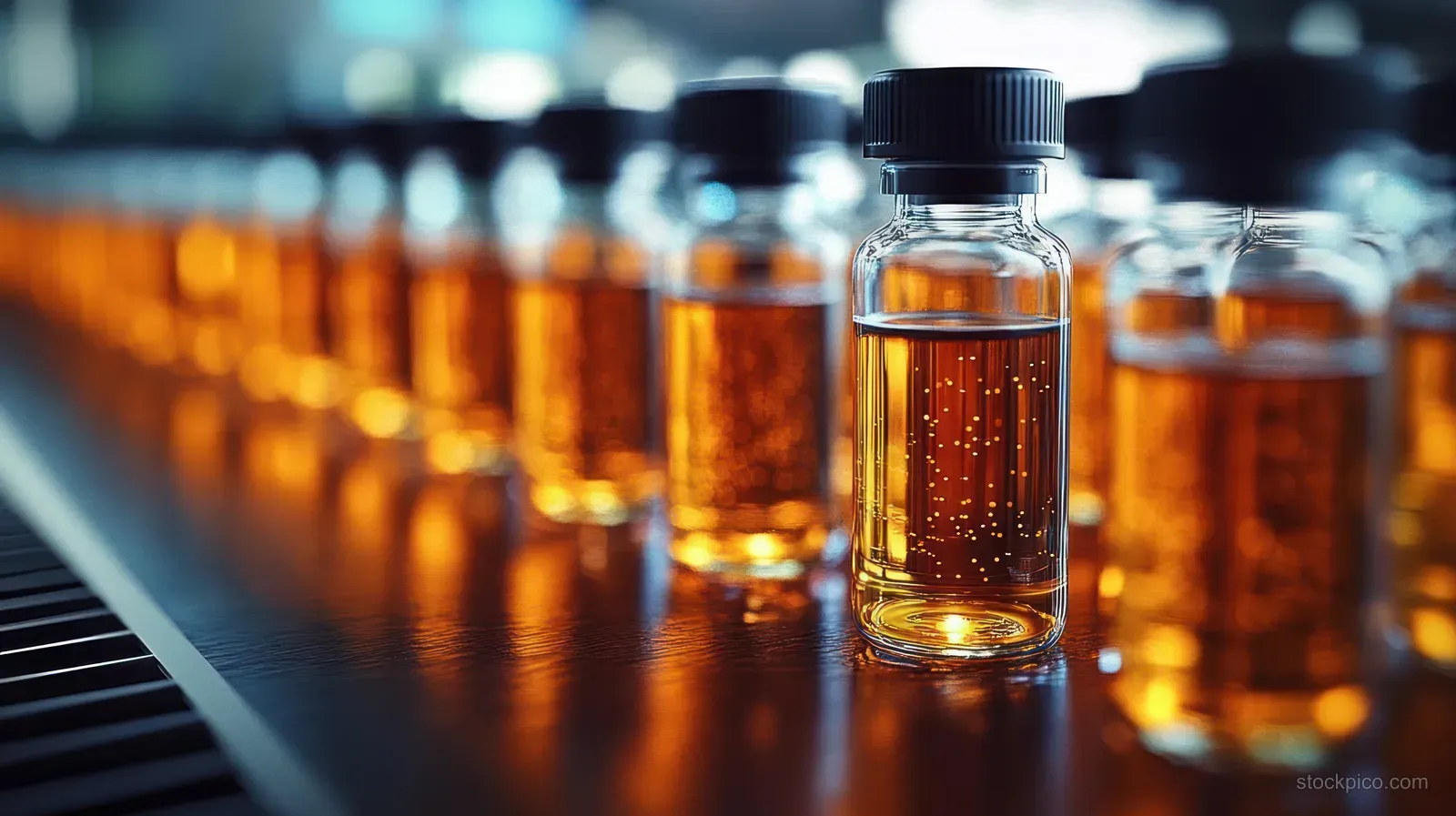 Focused amber liquid vial on a laboratory bench with rows of blurred vials behind under dramatic lighting.