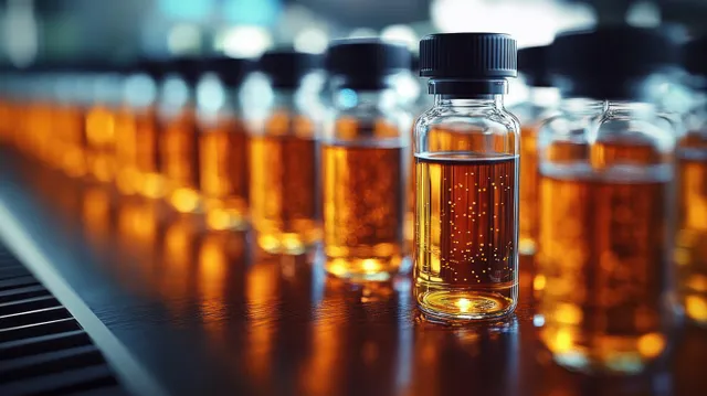 Focused amber liquid vial on a laboratory bench with rows of blurred vials behind under dramatic lighting.