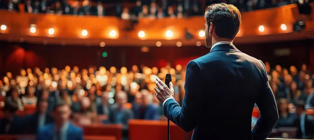 A businessman speaks at a conference workshop stage, gesturing toward a blurred audience under warm lights.