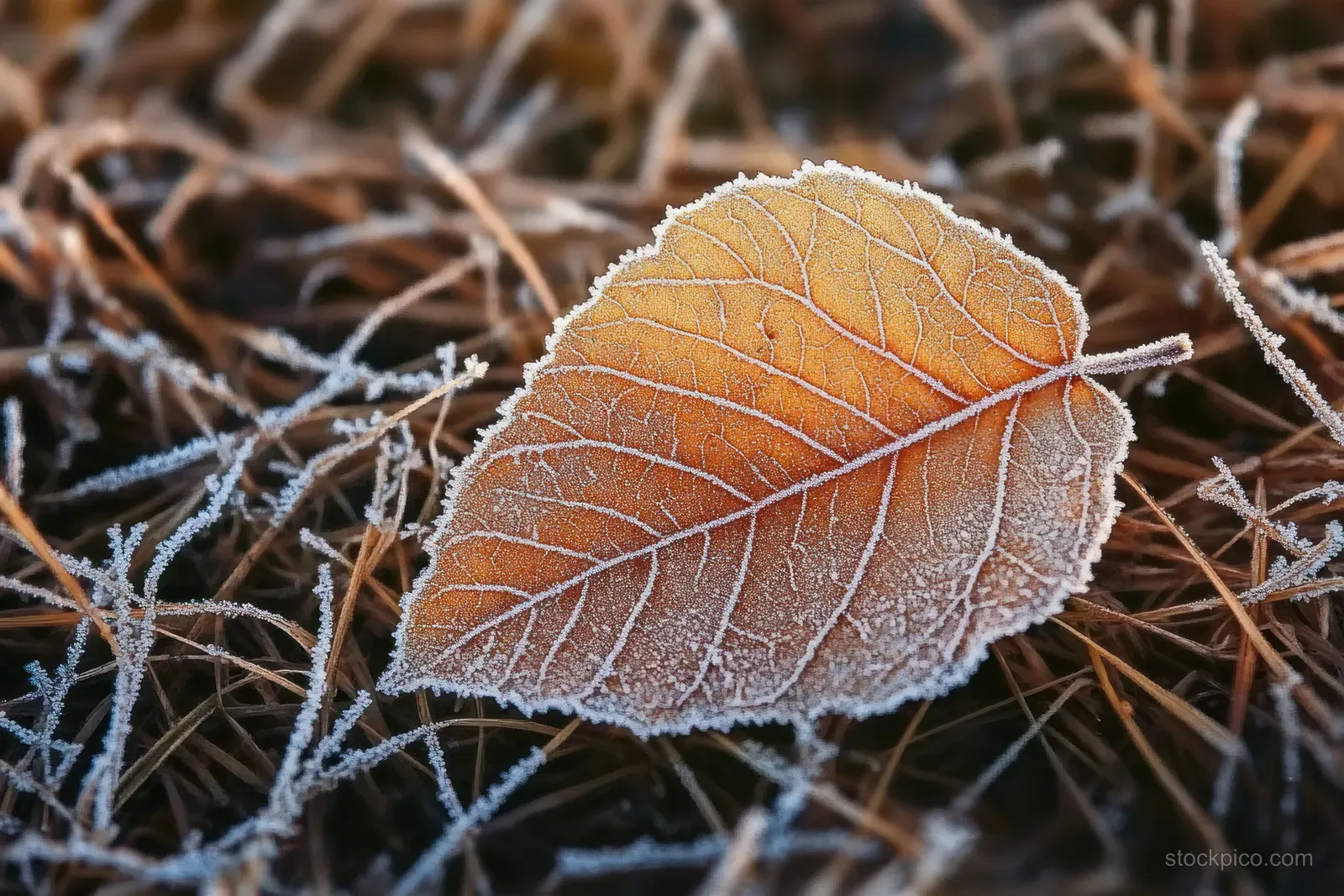 A frost-coated brown leaf with visible veins rests on dry grass covered in icy crystals.