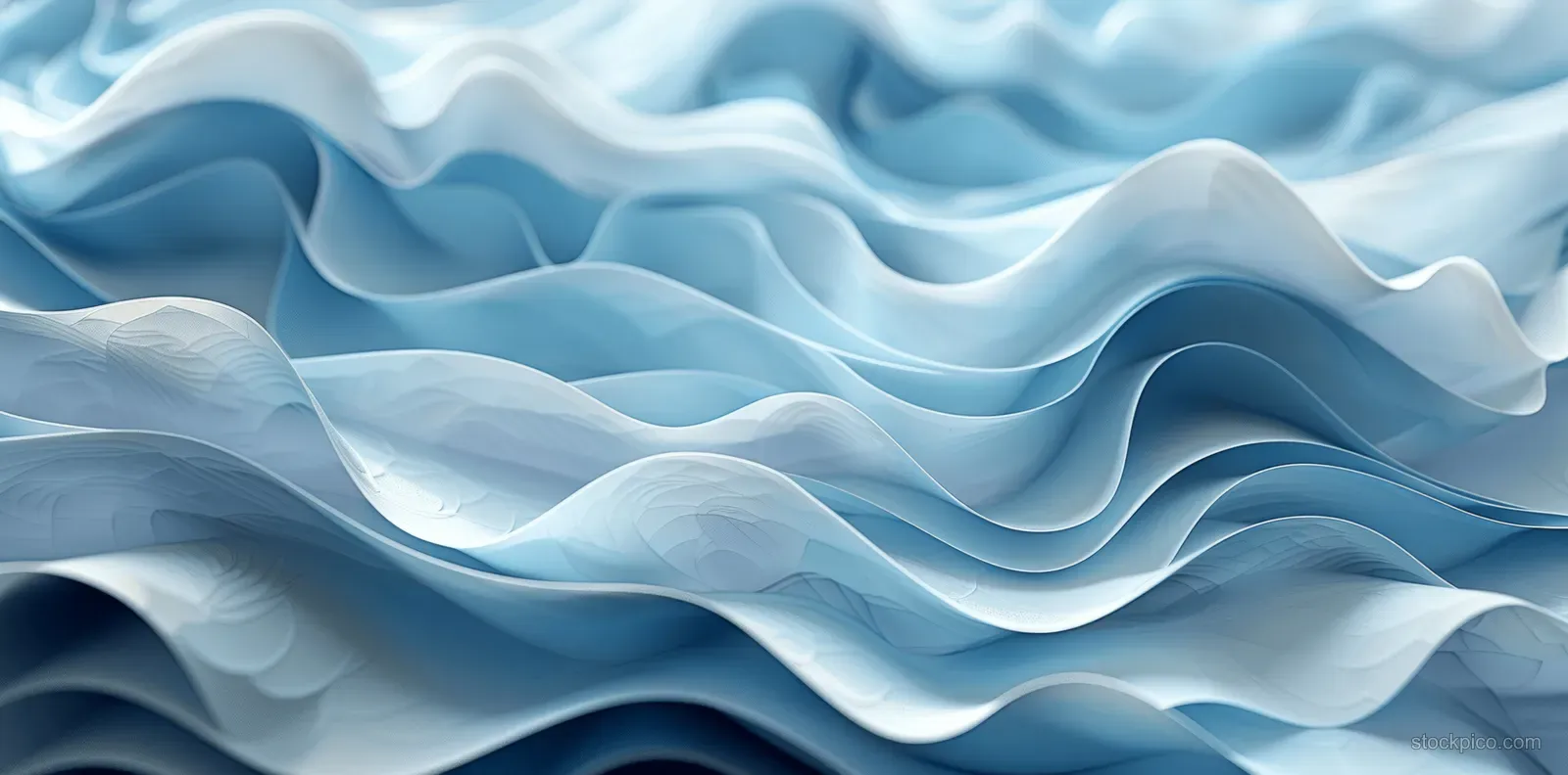 Layered light-blue and white abstract waves shaped like 3D paper cut ripples fill the background.