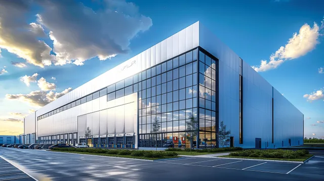 Modern glass warehouse building with cars in parking lot under blue sky and clouds