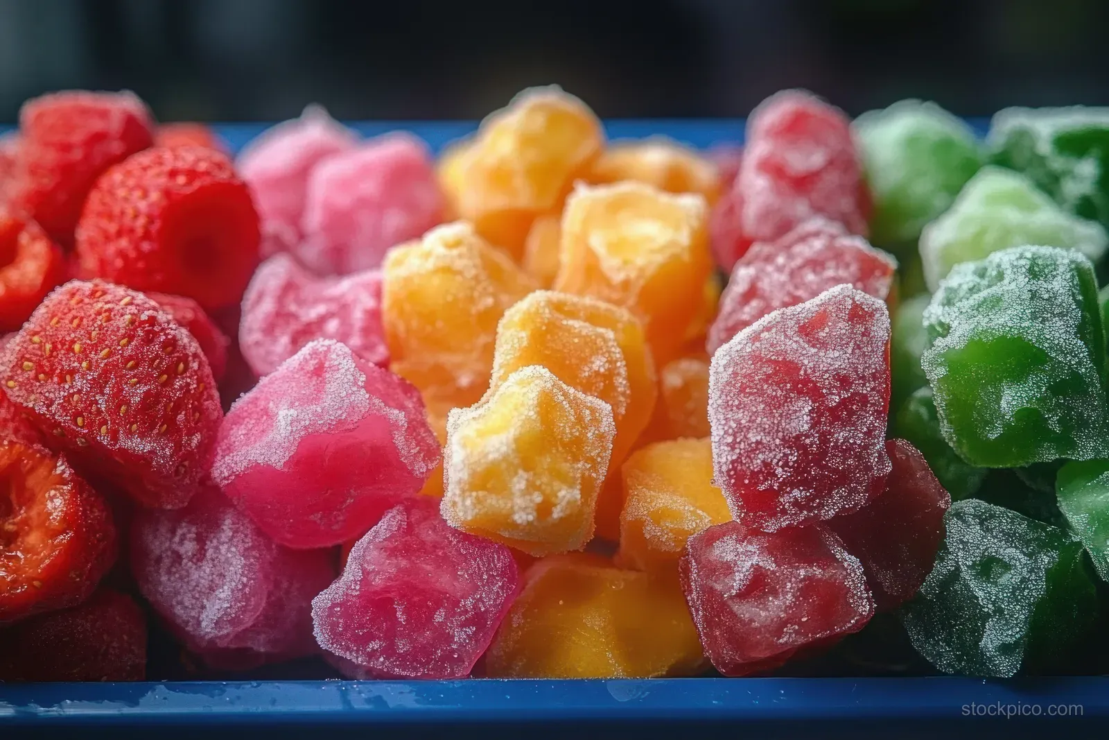 Chewy palm sugar dodol candies in red, pink, yellow, and green with glossy sugar crystals on a tray.