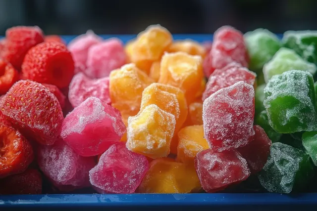 Chewy palm sugar dodol candies in red, pink, yellow, and green with glossy sugar crystals on a tray.