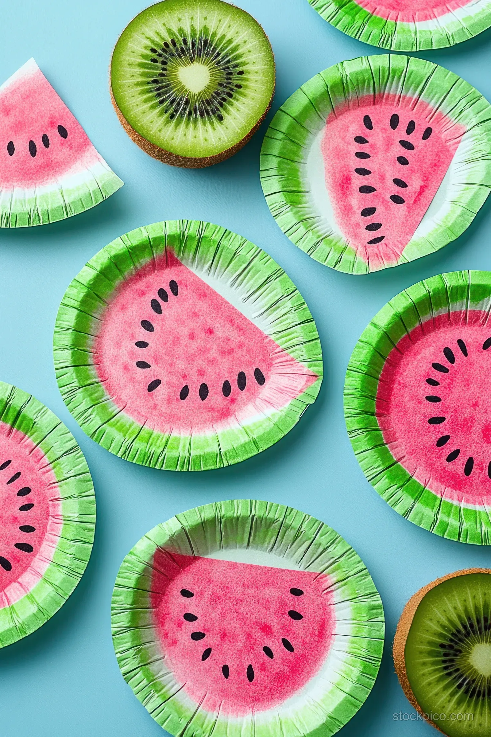 Colorful paper plate watermelon and kiwi slice crafts arranged as a flat lay on a pastel blue background.