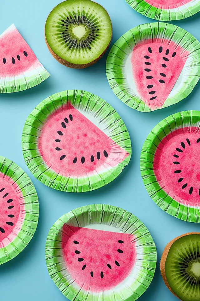 Colorful paper plate watermelon and kiwi slice crafts arranged as a flat lay on a pastel blue background.