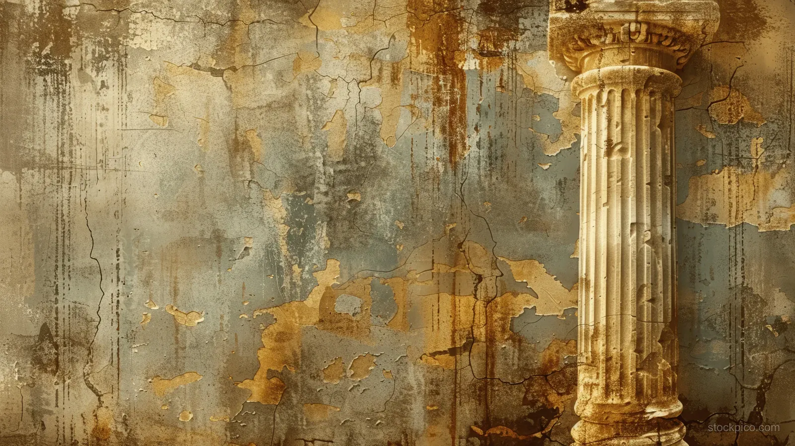 Weathered wall texture with peeling plaster and a classical stone column on the right.