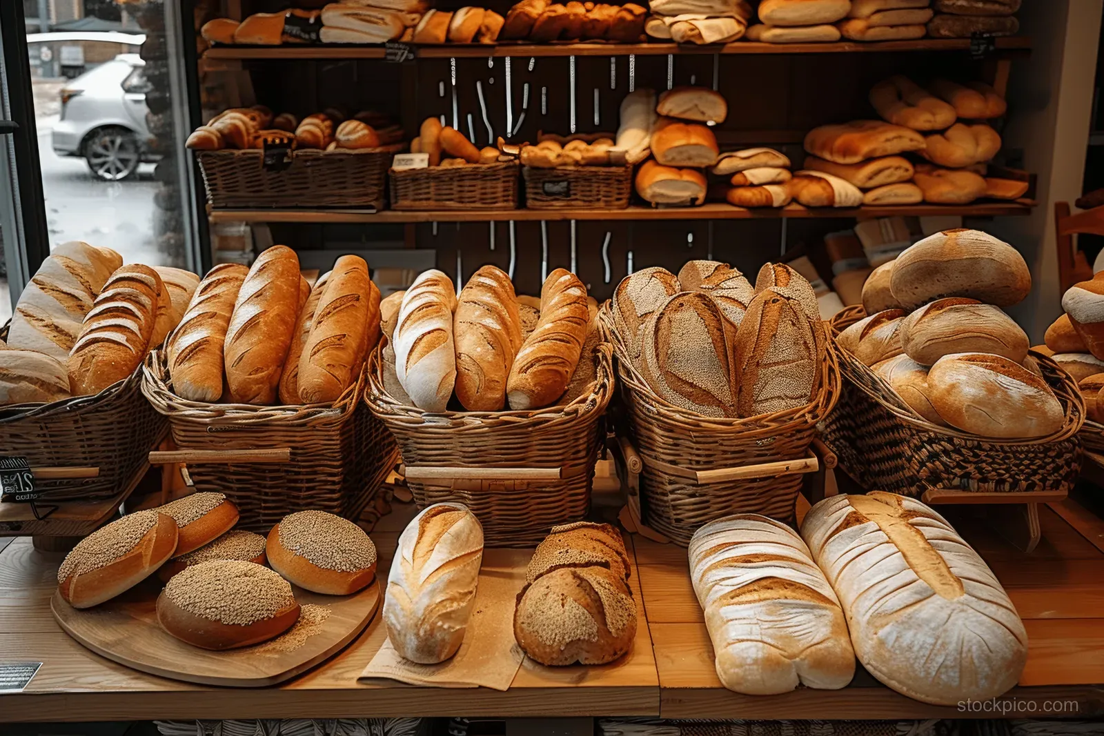 Freshly baked baguettes and rolls with buns and bagels sit in wicker baskets on a wooden bakery display counter.