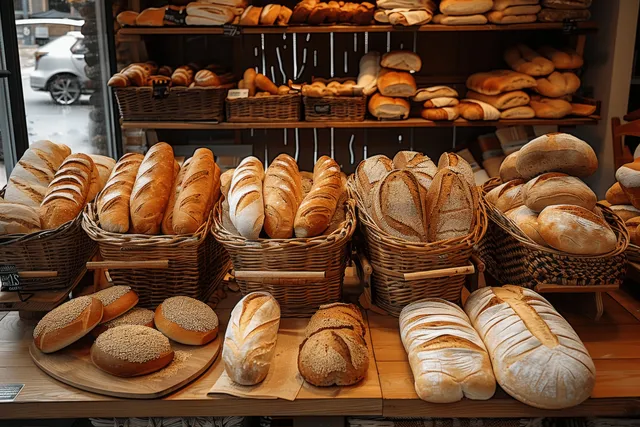 Freshly baked baguettes and rolls with buns and bagels sit in wicker baskets on a wooden bakery display counter.
