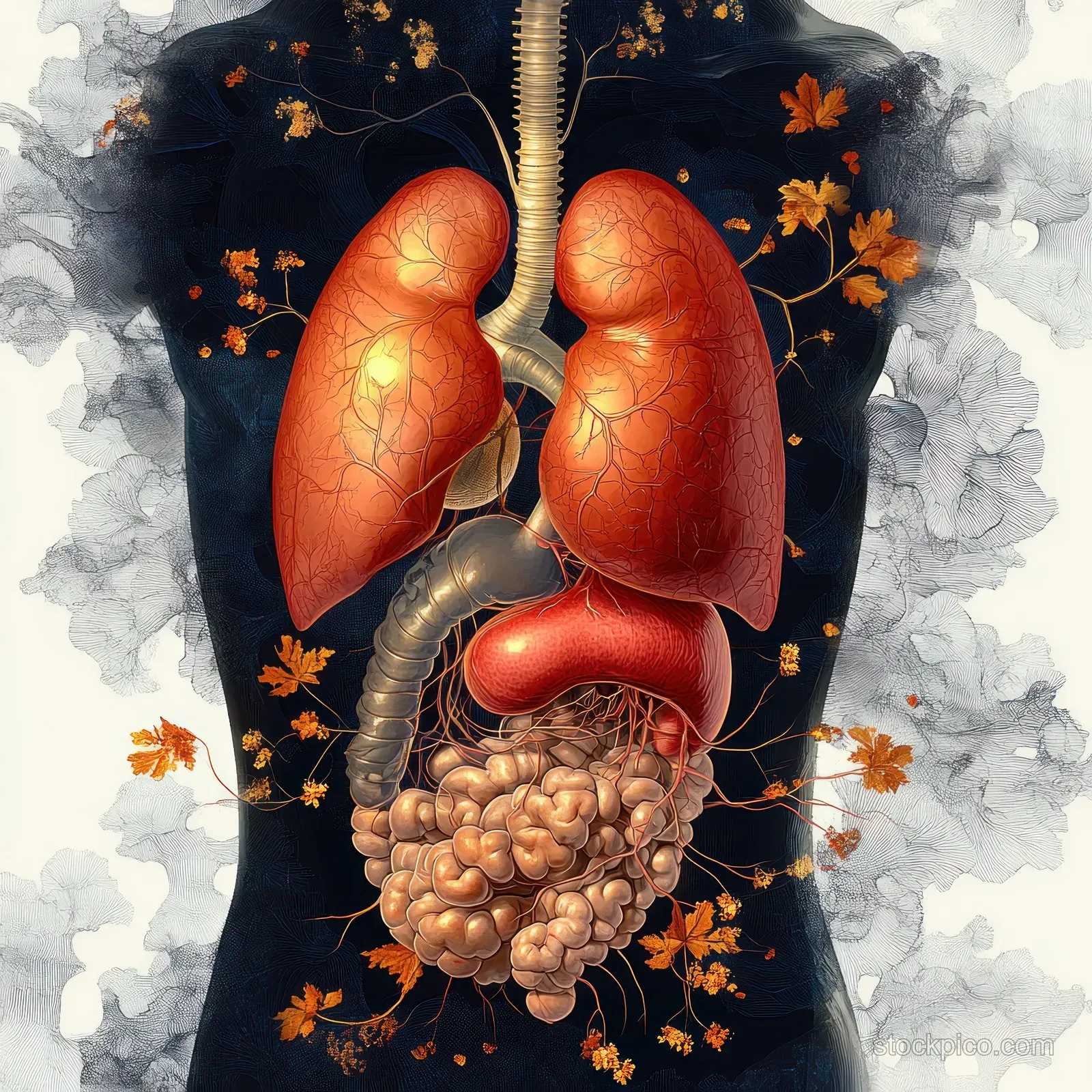 Surreal anatomical torso artwork with highlighted lungs and intestines surrounded by smoke and floating orange leaves.