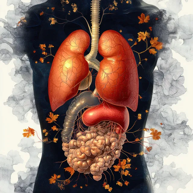 Surreal anatomical torso artwork with highlighted lungs and intestines surrounded by smoke and floating orange leaves.