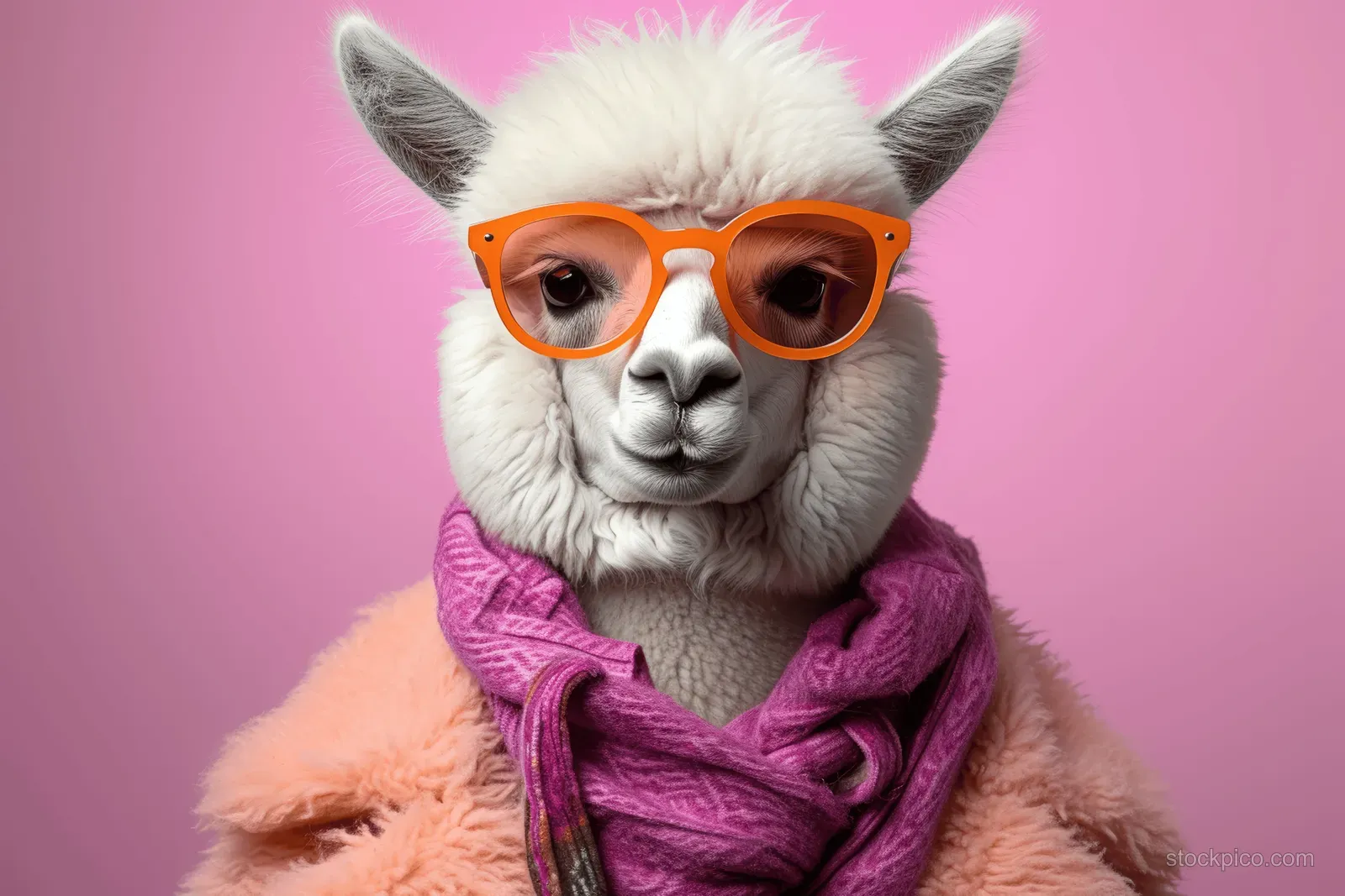 A white alpaca wearing orange glasses and a pink hoodie poses against a solid pink background.