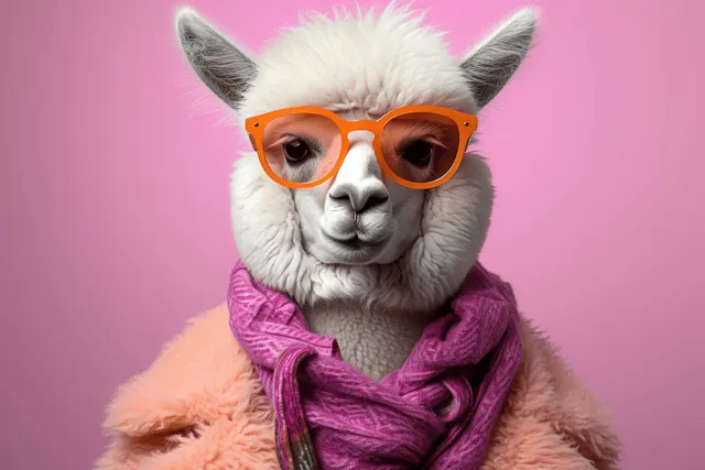 A white alpaca wearing orange glasses and a pink hoodie poses against a solid pink background.