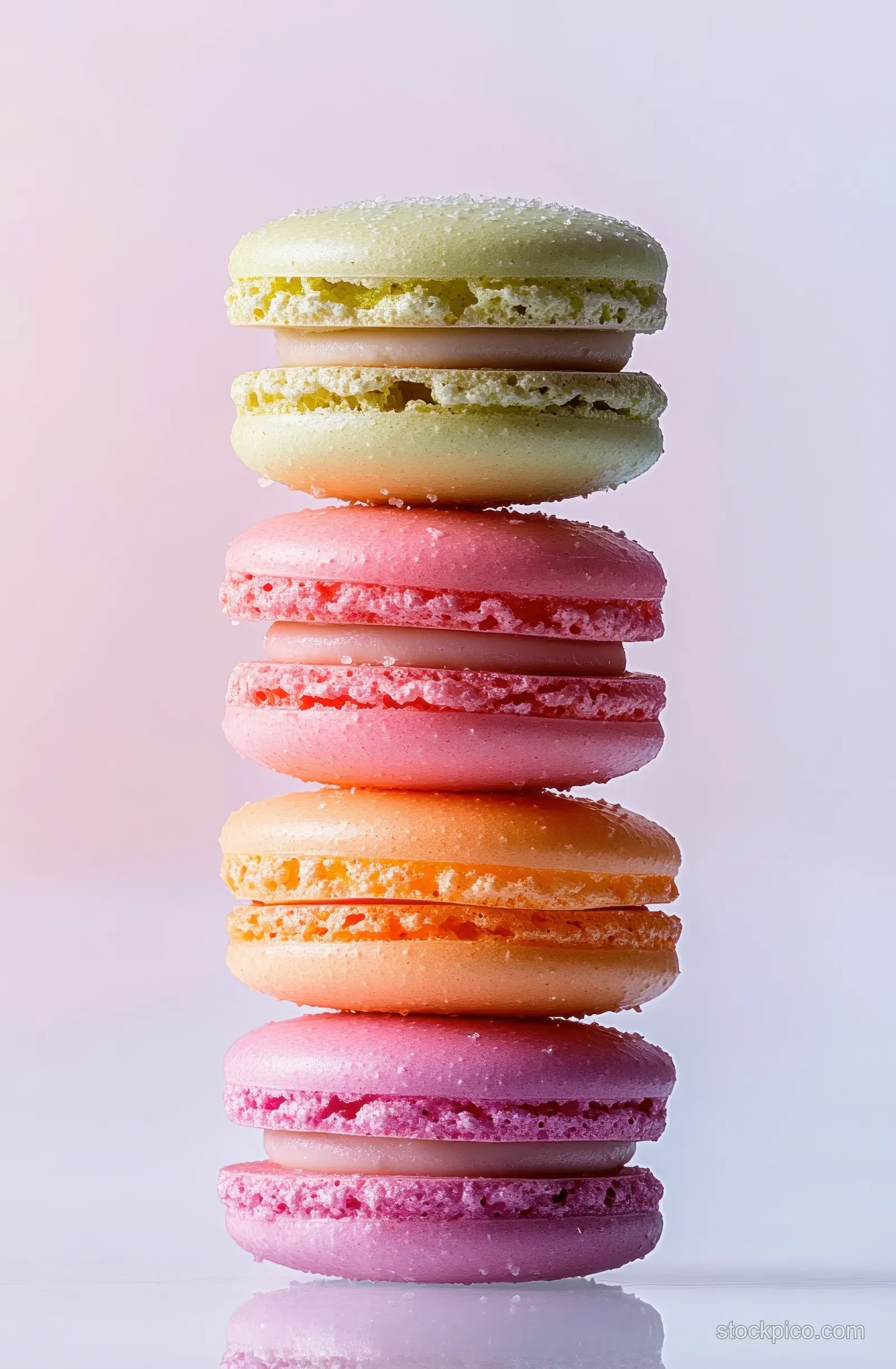 A tall stack of pastel macarons with visible fillings on a soft gradient background under gentle lighting.