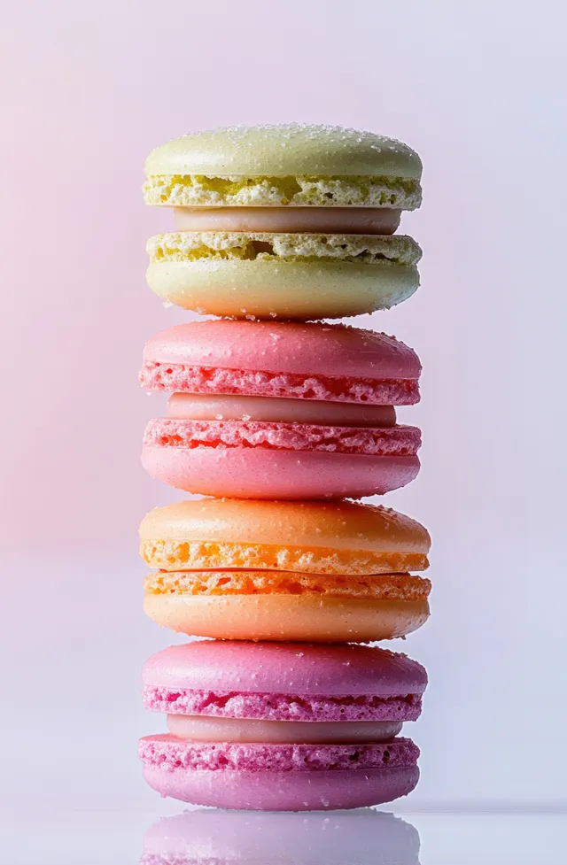 Stack of pastel macarons with visible layers on a soft light gradient background